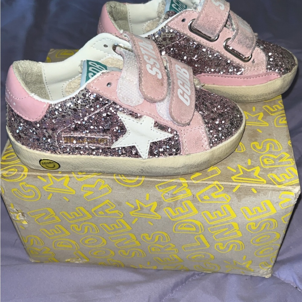 Golden Goose Pink and White Glitter Sneakers with Velcro Straps